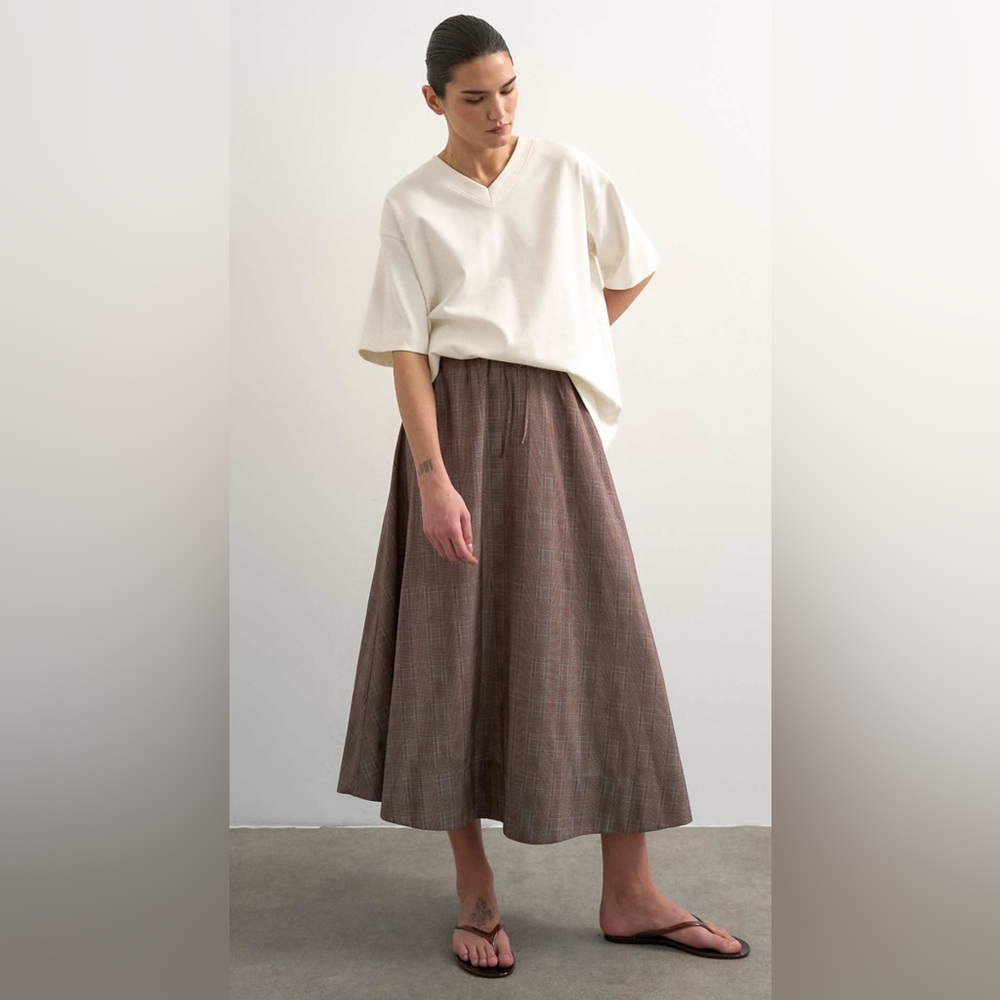 Topshop Brown Plaid A-Line Midi Skirt - Picture 1 of 6